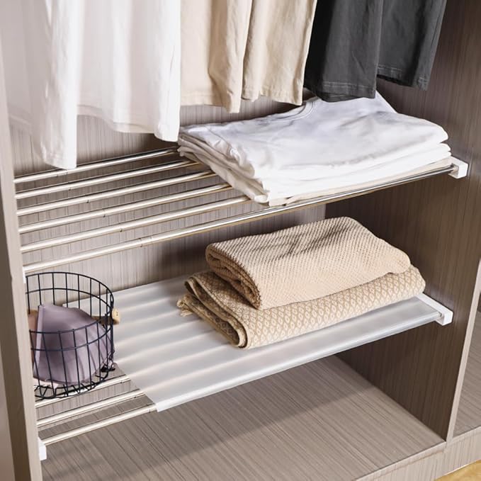 Hershii Extendable Closet Shelf Wardrobe Rail Metal Hanging Rod Storage Rack Expanding Clothes Divider Separator Organizer for Cabinet Cupboard Kitchen Bathroom, (9.84''-15.74'') X 16.82''