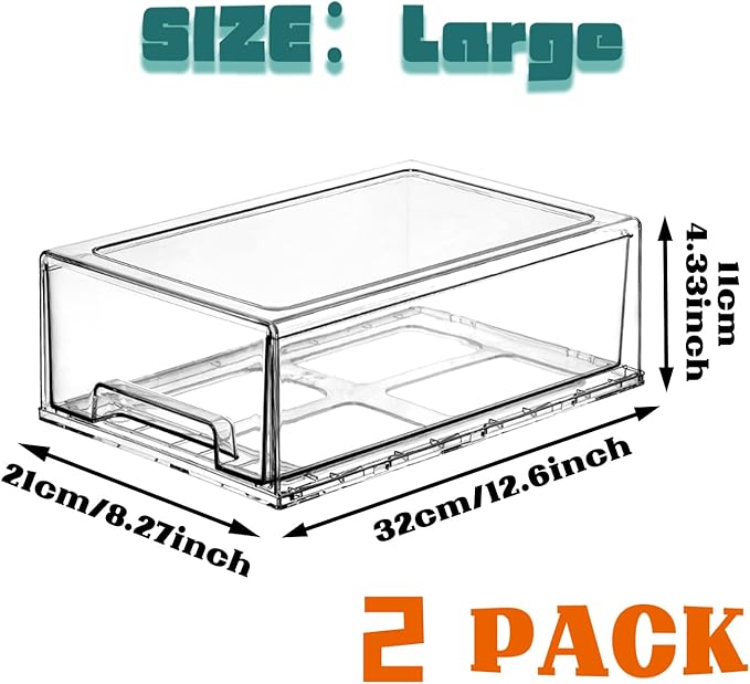 PiJeyiee 2 Pack Clear Stackable Refrigerator Organizers and Storage Drawers - Pull-Out Fridge Bins with Anti-Slip Base & Easy Clean, Plastic Organizers for Kitchen Pantry Cabinet Closet (Large)