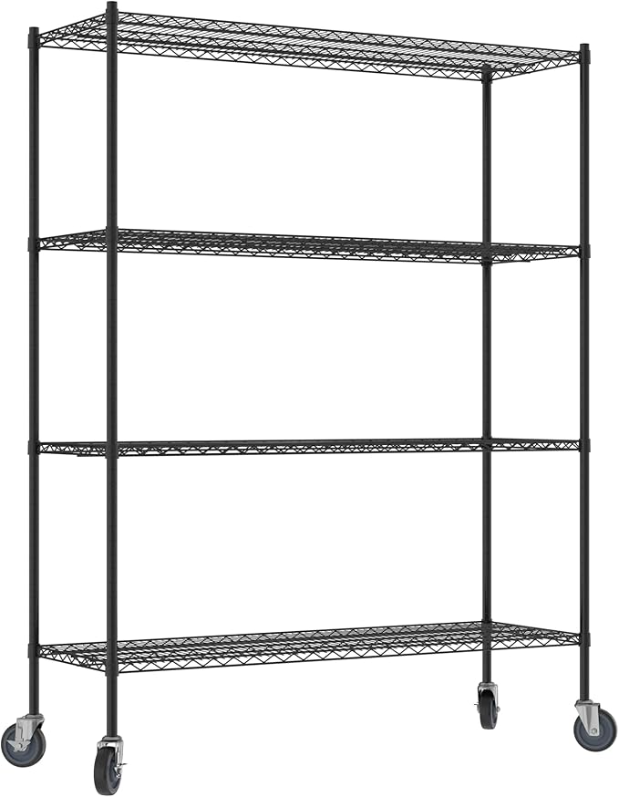 Commercial NSF Listed Black Epoxy Mobile Wire Shelving Kit 21" x 60" x 80", with 4 Shelves Perfect for Warehouse, Walk-in Refrigerator, Freezer, Grocery Store, Restaurant, Dishroom