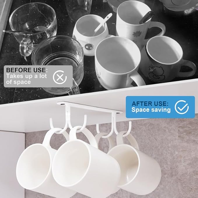 Mug Rack Under Cabinet - Coffee Cup Holder, 8 Mugs Hooks Under Shelf, Display Hanging Cups Drying Hook for Bar Kitchen Utensils White