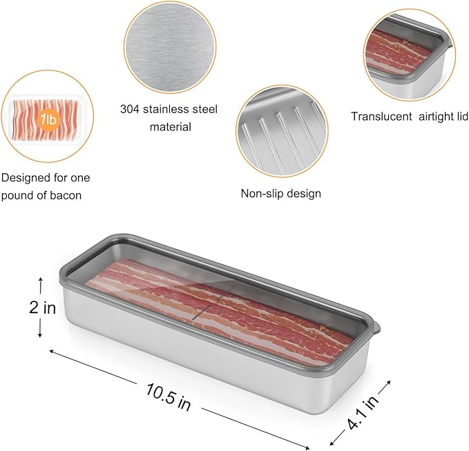 Verveia 2Pack Bacon Holder for Fridge,Bacon Container for Refrigerator,Deli Meat Box for Refrigerator,304SS Airtight Food Storage Container,Stackable Fridge Organizer with Locking Lid (BPA Free)