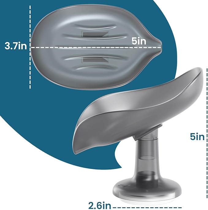 TAILI Self Draining Soap Holder, Leaf-Shaped Bar Soap Dish with Suction Cup Stand, Bar Saver Suitable for Bathroom, Tub, Kitchen Sink, Removable,Easy to Clean & Keep Dry, Grey