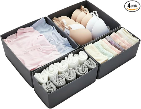 4-Pack Drawer Organizer Set - Foldable Fabric Storage Bins with Zipper Bottom for Underwear, Socks, Bras & Baby Clothes - 11"x11"x4.8" Large & 11"x5.5"x4.8" Small Bins, Grey