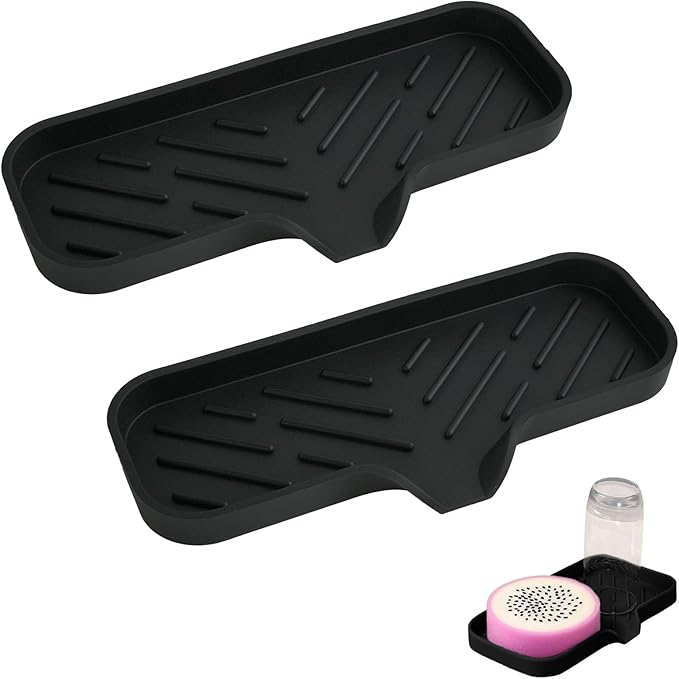Silicone Soap Dish, 2Pcs Sponge Holder with Drain Spout, Kitchen Sink Organizer, Bath Tray Caddy Soap Tray for Kitchen Counter Bathroom Dish Scrubber(Black)