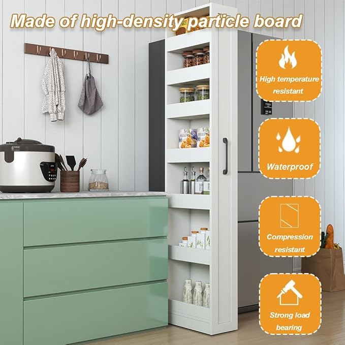 7 Tier Slim Storage Cart, Rolling Spice Rack Next to Fridge Slim, Narrow Storage Cabinet, Wood Storage Organizer with Handle Wheels for Kitchen, Dining Room (6 Tier)