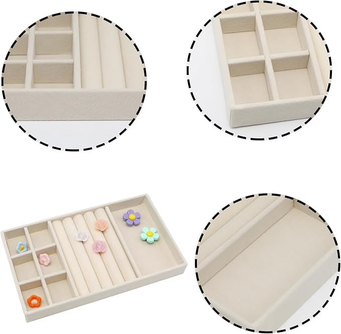 Velvet Jewelry Organizer Trays Beige Stackable Jewelry Storage Display Tray with Removable Dividers, 3-in-1