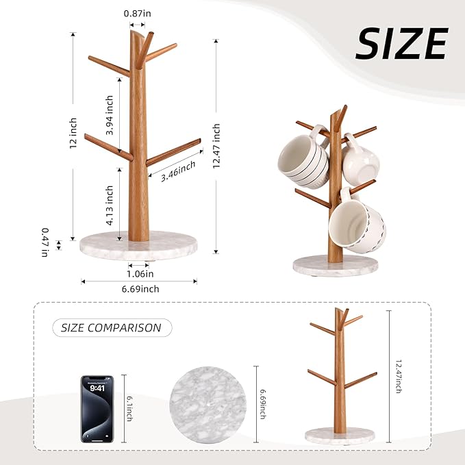 Acacia Wood Mug Tree, Marble Base Coffee Mug Tree for Counter, Mug Holder Tree with 6 Hooks for Kitchen Coffee Bar Mug Organize