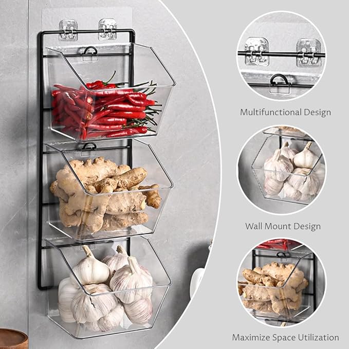 3-Pack Small Clear Storage Baskets, Wall Mounted Adhesive Spice Rack Plastic Storage Bins Kitchen Wall Organizer and Storage Shelves, Spice Organizer for Countertop/Cabinet/Bathroom