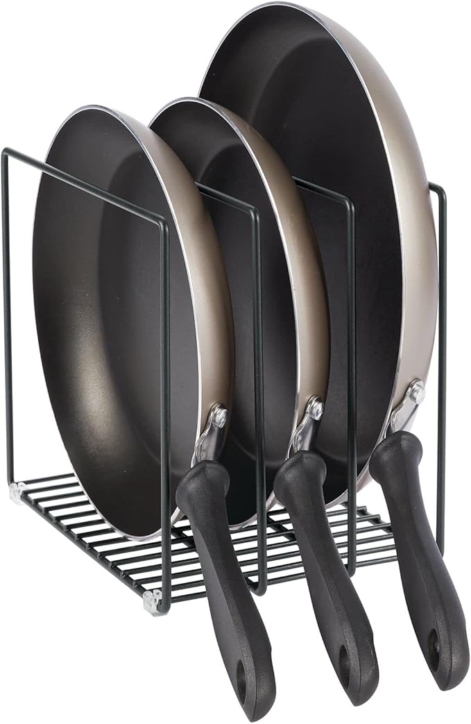 mDesign Steel Storage Tray Organizer Rack for Kitchen Cabinet - Divided Holder with 3 Slots for Skillets, Frying Pan, Pot Lids, Cutting Board, Baking Sheets - Concerto Collection - Black
