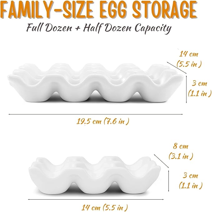 Flexzion 12 Cups Ceramic Egg Holder for Fridge - Dozen Ceramic Egg Tray Porcelain Container Storage Organizer Decorative Serving Stand Serveware for Refrigerator Countertop Display (White, 2 Pack)