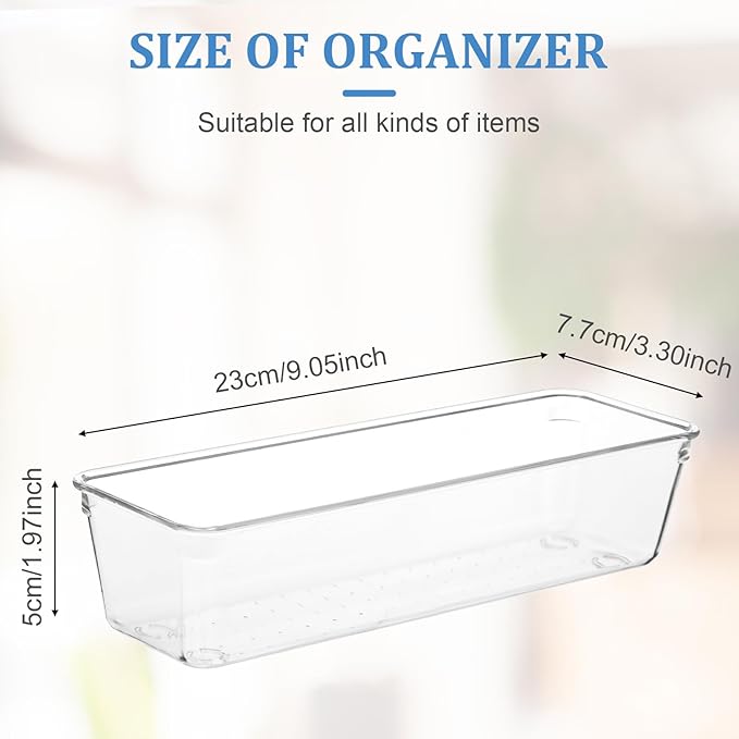12 Pcs Clear Plastic Drawer Organizer 9 x 3 x 2 Inches Kitchen Bathroom Fridge Utensil Vanity Drawer Organizers Tray Makeup Storage Organizer Drawers Trays for Organization Office