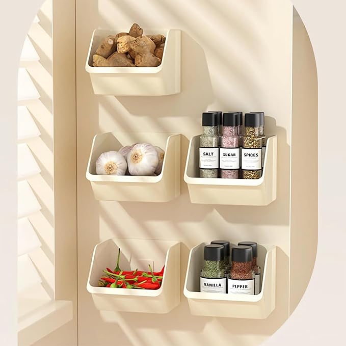 3-Pack Small Beige Storage Baskets, Plastic Storage Bins Kitchen Wall Organizer and Acrylic Shelves, Spice Organizer, Adhesive Spice Rack Wall Mount for Countertop/Cabinet/Bathroom
