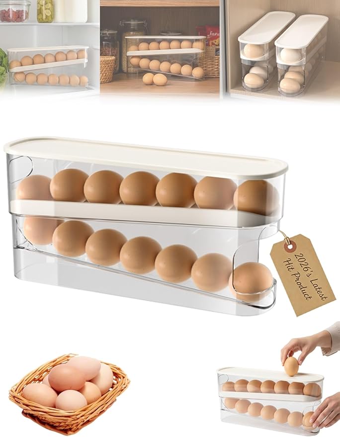 Egg Dispenser for Refrigerator Organization and Storage Holder Fridge Box Organizer Rolling Automatic Gravity Fed Cart Clear Organizers Pantry Shelf Home Must Haves Glad with Lids