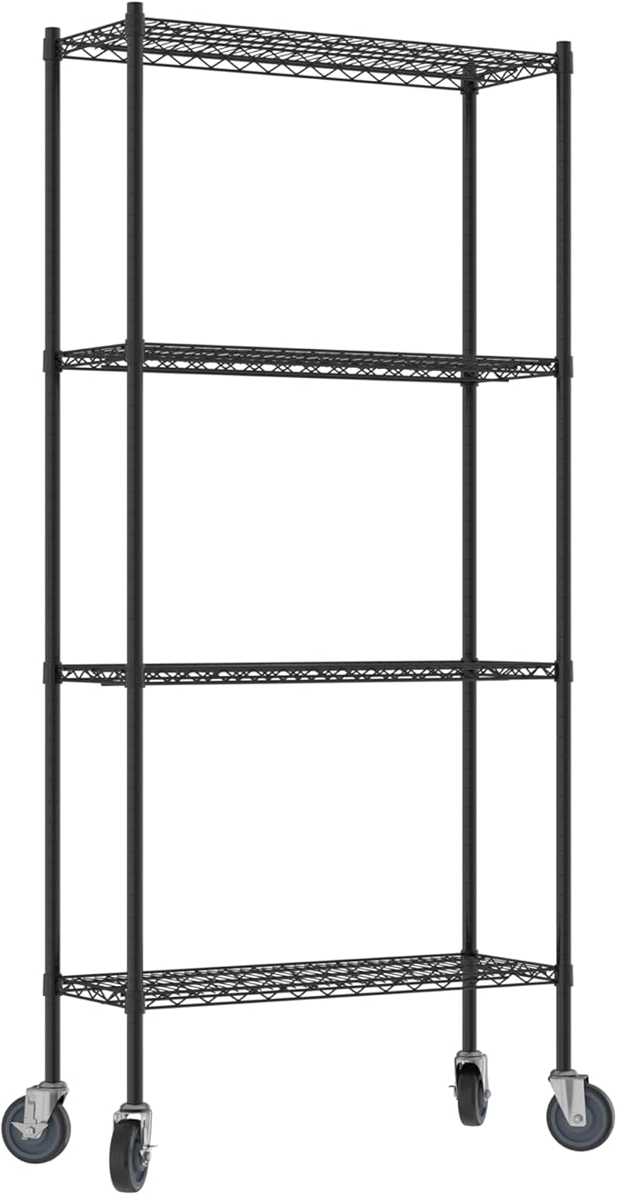 Commercial NSF Listed Black Epoxy Mobile Wire Shelving Kit 14" x 36" x 80", with 4 Shelves Perfect for Warehouse, Walk-in Refrigerator, Freezer, Grocery Store, Restaurant, Dishroom