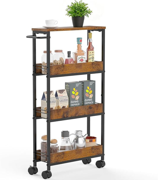 4 Tier Slim Rolling Storage Cart Narrow Space Utility Cart with Handle Metal Frame with Wood Top Table Sturdy Cart Organizers and Storage for Kitchen Bathroom Laundry Office, 5.1 Inches Deep Black