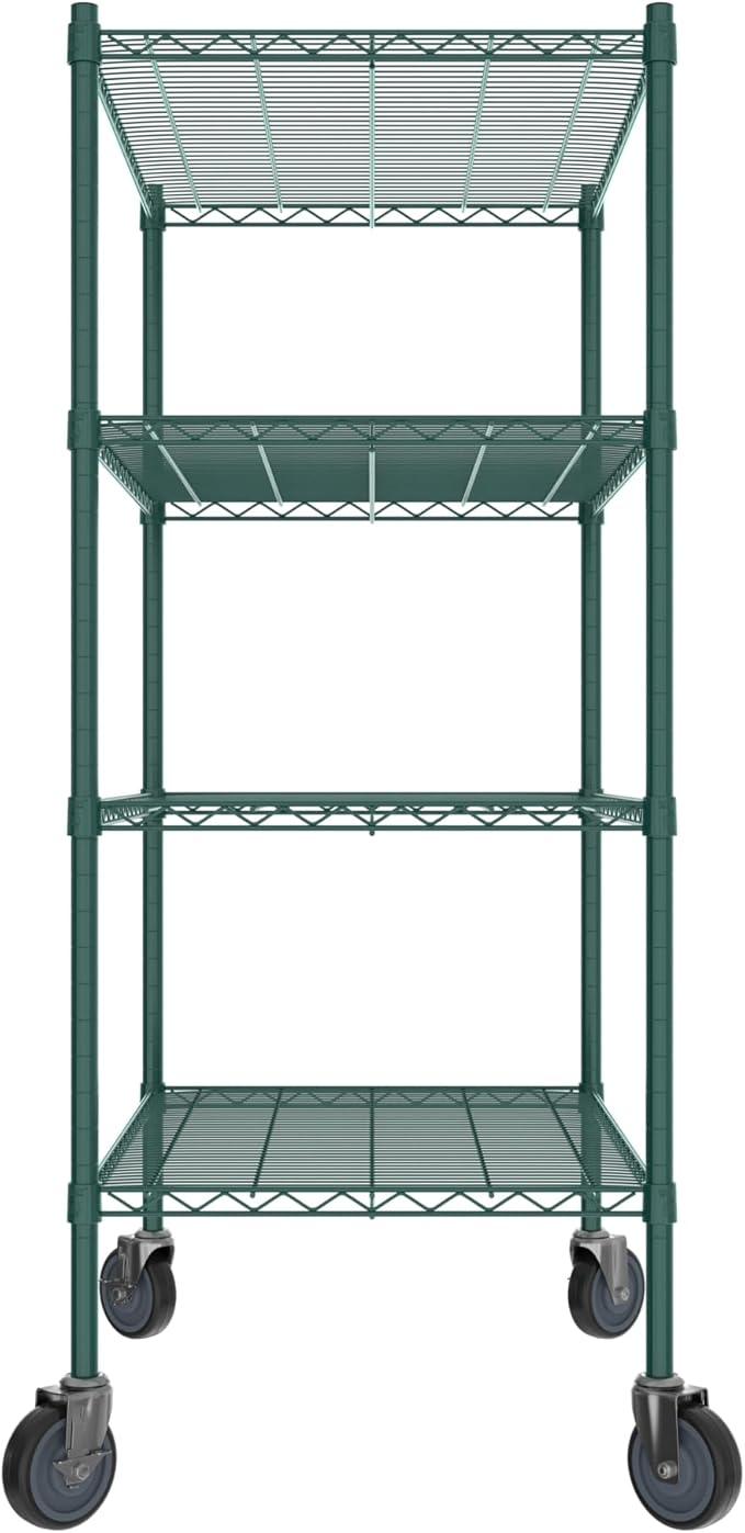 Commercial NSF Listed Green Epoxy Mobile Wire Shelving Kit 24" x 36" x 60", with 4 Shelves Perfect for Warehouse, Walk-in Refrigerator, Freezer, Grocery Store, Restaurant, Dishroom