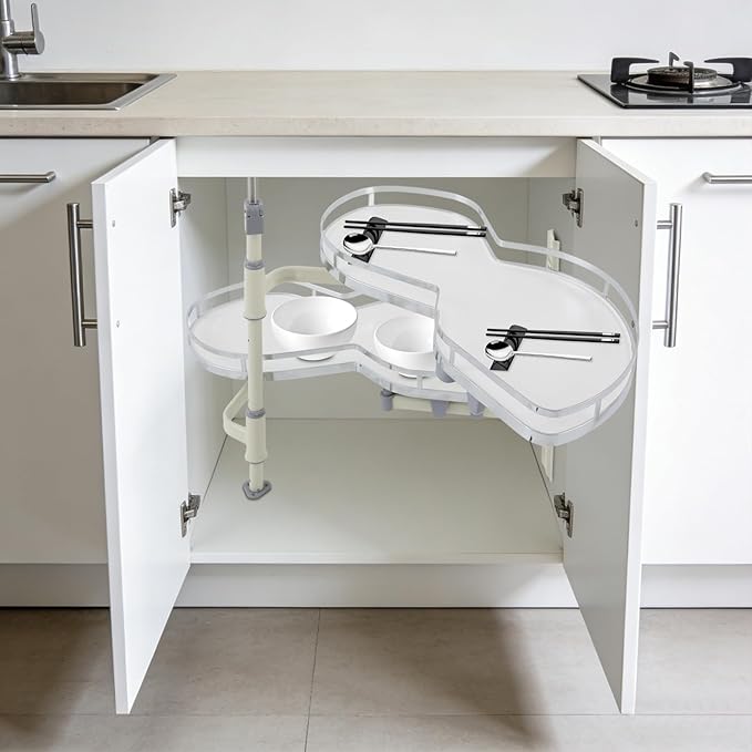DYRABREST Blind Corner Cabinet Organizer Pull Out, 2-Tier Rotating Basket Shelves for Corner Cabinet, Right Opening Kitchen Cabinet Storage Organizer with Adjustable Height (Right Open)