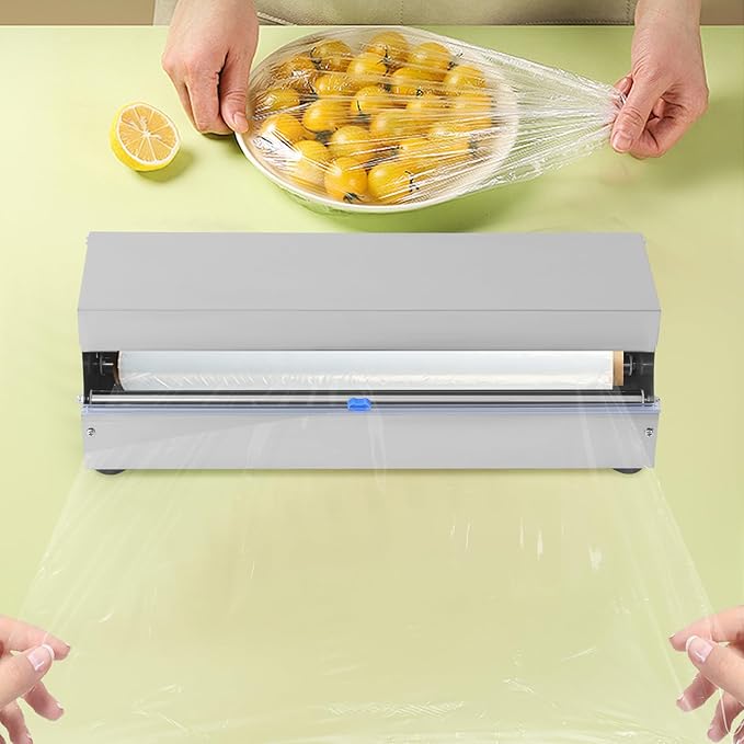 10''-18'' Cling Film Dispenser, Stainless Steel Food Wrap Sealer Packaging Machine Wrapper Cutter With 2 Replacement Blades & 4 Non-slip Feet for Fruit Vegetable & Meat Preservation