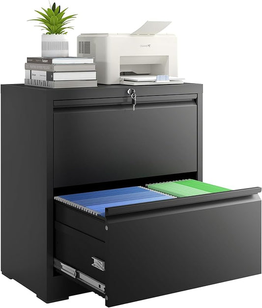 2 Drawer File Cabinet with Lock, Lateral Filing Cabinets,Metal Storage Filing Cabinets for Home Office, Heavy Duty File Cabinet for Letter/Legal/A4/F4 Size Assemble Required, Black
