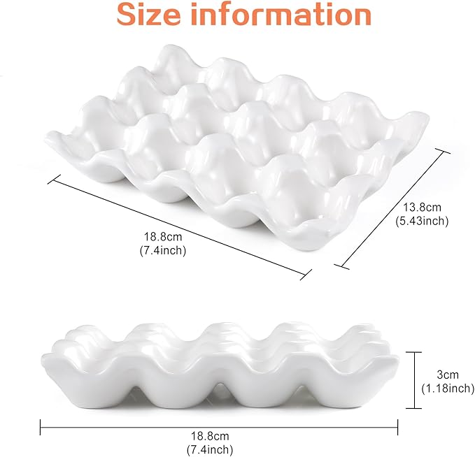 Ceramic 12 Cups Egg Tray - 1 Dozen Porcelain Egg Holder Container Keeper Storage Organizer Decorative Serving Dish Plate for Refrigerator Fridge Countertop Display Kitchen Home (White 12 Eggs)