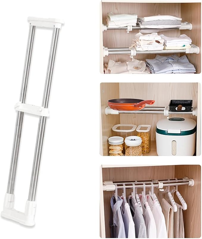 Hershii 2 Pack Expandable Closet Shelf Tension Rod Adjustable Metal Storage Rack Hanger Cabinet Organizer DIY Divider Separator for Wardrobe Cupboard Kitchen Bathroom, Ivory, 17.72-27.56 IN