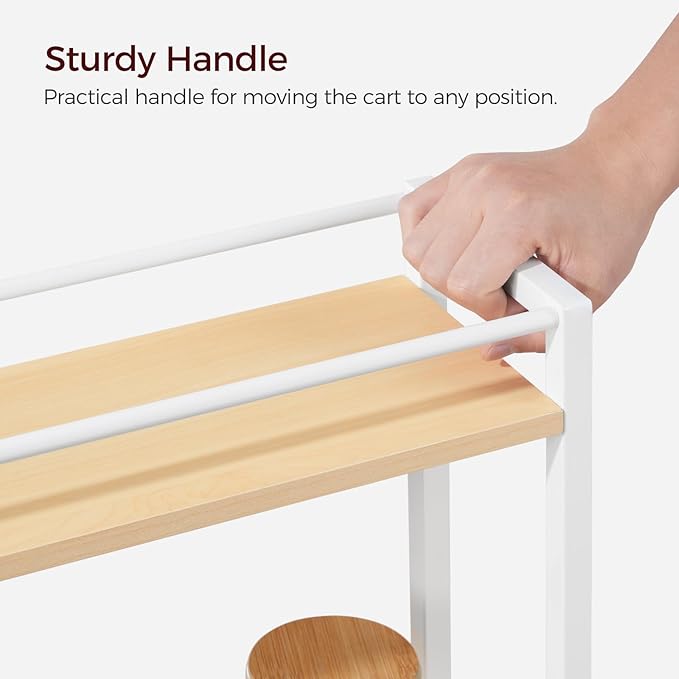 MAHANCRIS Slim Rolling Cart, Mobile Kitchen Cart on Wheels, Narrow Storage Cart for Small Space, Wooden Kitchen Storage Rack, for Bathroom, Laundry, Living Room, White RCBN1501