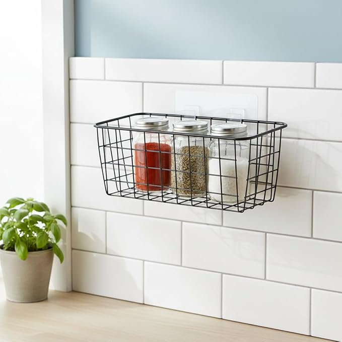 Black Hanging Wall Baskets,inside cabinet door organizer,Adhesive Wire Wall Storage Baskets for Pantry and organizer, Kitchen onion Food photo Bathroom,No Drilling Wall Mounted Basket,2 Pack