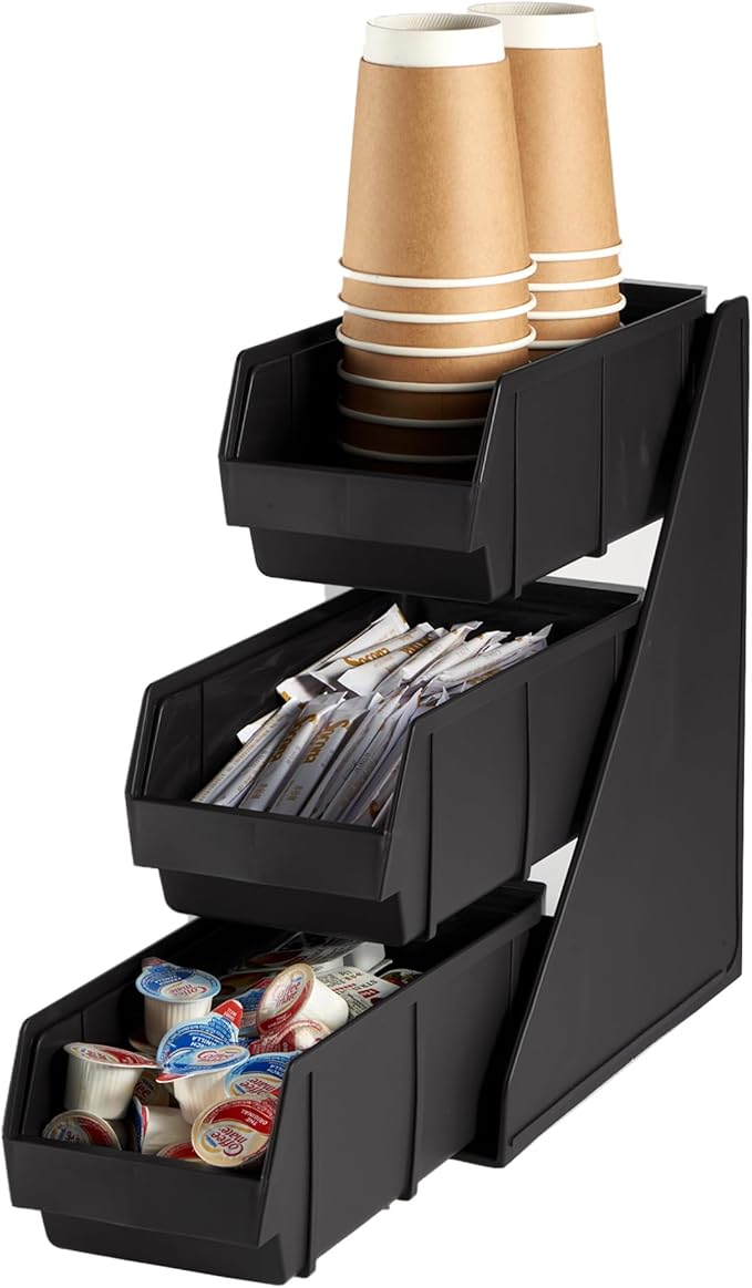 CURTA Black Self Serve Condiment Bin Stand Set, Removable Condiment Organizer with 3-Tier Stand and 3 Condiment Bins, 20" D x5.75 W x 14" H, Coffee Bar Beverage Station