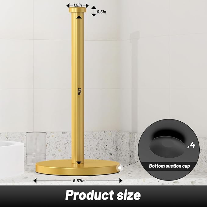 VEHHE Gold Paper Towel Holder Stand, Paper Towel Holder with Weighted Base and Suction Cups for Kitchen Bathrooms