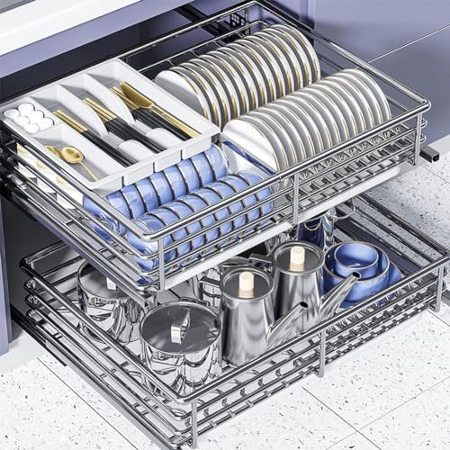 Stainless Steel Pull Out Kitchen Cabinet Drawers with Drain Pan & Damping Guide, Easy Assembly Slide-Out Organizer for Cookware & Utensils