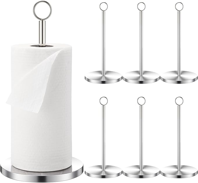 LemonRoad 6 Pcs Paper Towels Holder Countertop Bulk Stainless Steel Weighted Base Vertical Paper Towels Stand Holder for Kitchen Bathroom Essentials, Silver
