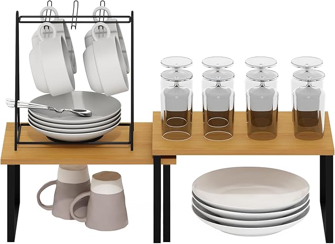 Furinno RAVEL Kitchen Countertop Organizer Set of 2, Counter Shelves, Kitchen Storage, Expandable, Stackable, Spice Rack, for Pantry, Coffee Bar, Beech