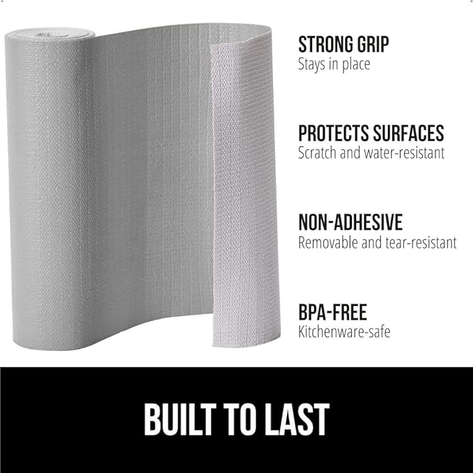 GORILLA GRIP DripGuard Shelf Liner, Non Adhesive Drawer and Kitchen Cabinet Protector, 20x240 Inch, Slip Resistant BPA Free Smooth Surface Plastic Liners for Cabinets, Bathrooms, Closets, Light Gray
