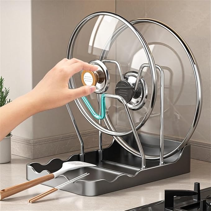 Pot Lid Holder for Kitchen Countertop - 2-in-1 Pot Lid Organizer with Spoon Rest and Rag Holder, PP + Stainless Steel Storage Rack, Grey(B)