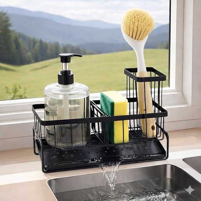 Black Sponge Holder, Kitchen Sink Caddy Organizer, Rustproof with Drip Tray for Soap Dispenser, Brushes & Sponges, Countertop Sponge Dock with Drain Pan