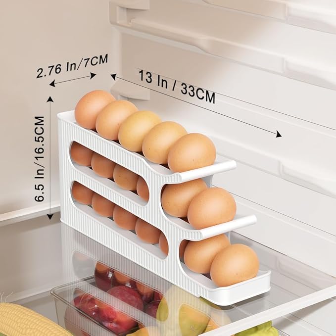 Egg Holder for Fridge, 3 Tiers Auto Rolling Egg Storage Organizer for Refrigerator, Slim Space Saving Container, Dispenser - Egg Roller for Eggs 18 Count