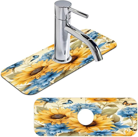 Sunflower Blue Bloom Kitchen Faucet Mat Splash Guard, 15.4”x5.7” Absorbent Quick Drying Sink Mat for Countertop Protection, Draining Mat Sink Protectors For Kitchen Bathroom, 1 Pack