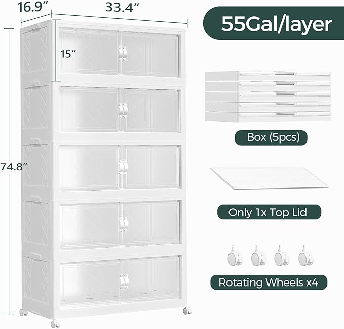 Atrasee 1100QT Extra Large Stackable Storage Bins with Lid, 275Gal Collapsible Closet Organizer Box with Wheels, Folding Plastic Storage Cabinet with Doors for Home Bedroom Office Dorm, 5Pack White