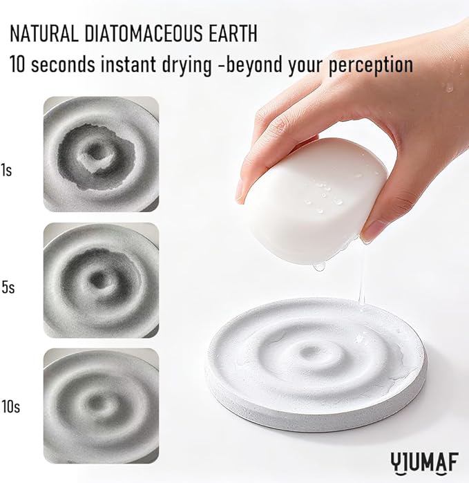 Diatomite Stone Soap Dish & Tray - Water Absorbing for Bathroom Kitchen Sink, Quick Dry Sponge Holder, Non-Slip Stand, Round Organizer Mat for Bar Soap, Drying Tray & Coaster (White)