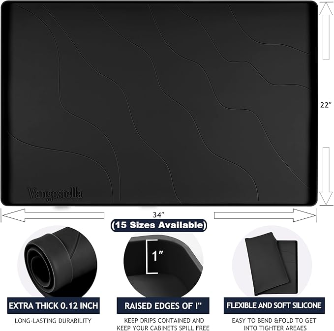 Vangostella Heavy Duty Silicone Under Sink Mats for Kitchen Waterproof 19" x 19", Extra Thick Under Sink Rubber Mat Drip Tray, Raised Edge Under Sink Liner,Prevent Drips, Leaks, Spills,Black