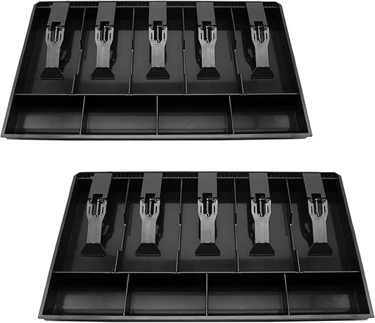 2 Pack Cash Register Drawer Insert Tray Organizer with 5 Bill/4 Coin Compartments for Money Storage, Black