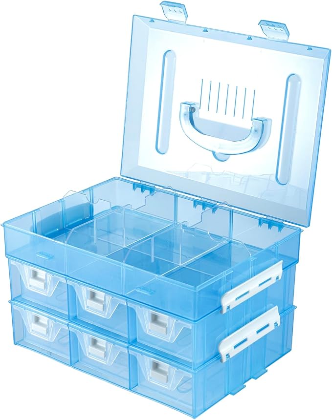 MyGift 11 Inch Sky Blue Transparent Arts and Crafts Sewing Supplies Storage Organizer Case with White Accents, 24 Customizable Compartments, 6 Drawers Removable Dividers