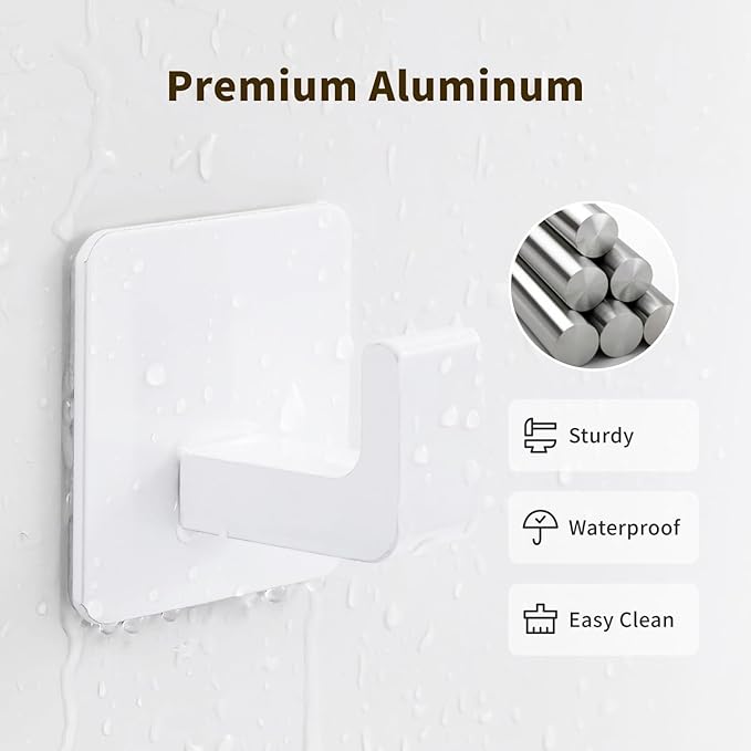 GWAAZXGZ Square Self Adhesive Towel Hooks - 2 Pack Matte White Metal Hooks, Right-Angle Design for Towels, Robes & Hats, Organize Bathroom, Kitchen, Entryway, Doors, Cabinets on Smooth Surfaces