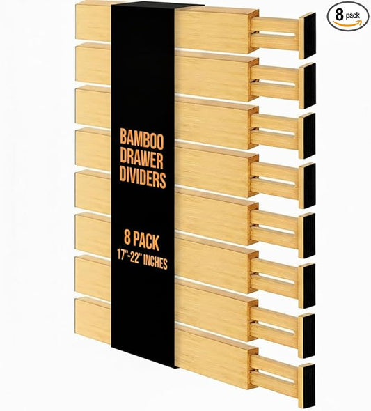 Expandable Bamboo Drawer Dividers 8 pack with labels(17"-22") Drawer Organizer for Kitchen, Clothes,Utensils,Silverware,Dresser,Office,Desk