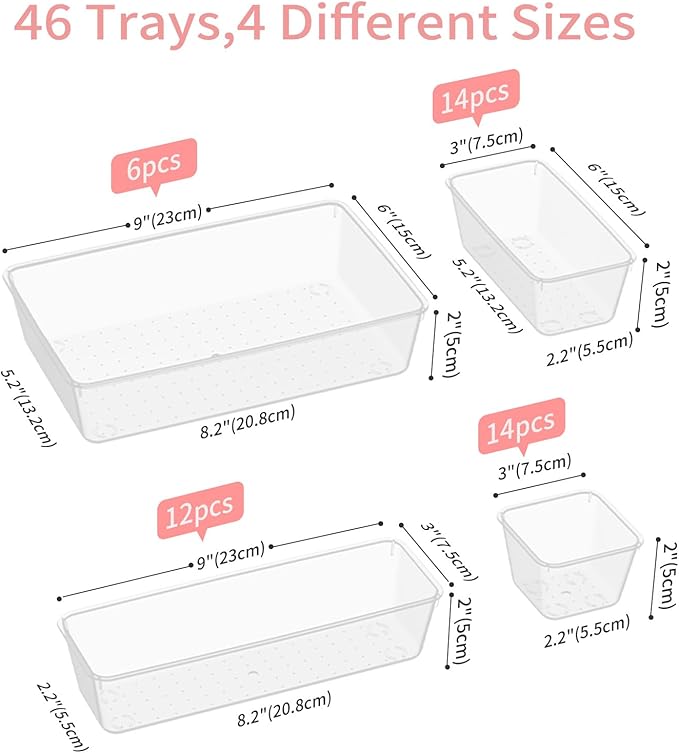 46 PCS Plastic Drawer Organizer Set, 4-Size Clear Bathroom and Vanity Desk Drawer Organizer Trays, Non-Slip Versatile Storage Divider Bins for Makeup Jewelry Bedroom Office Kitchen Gadgets