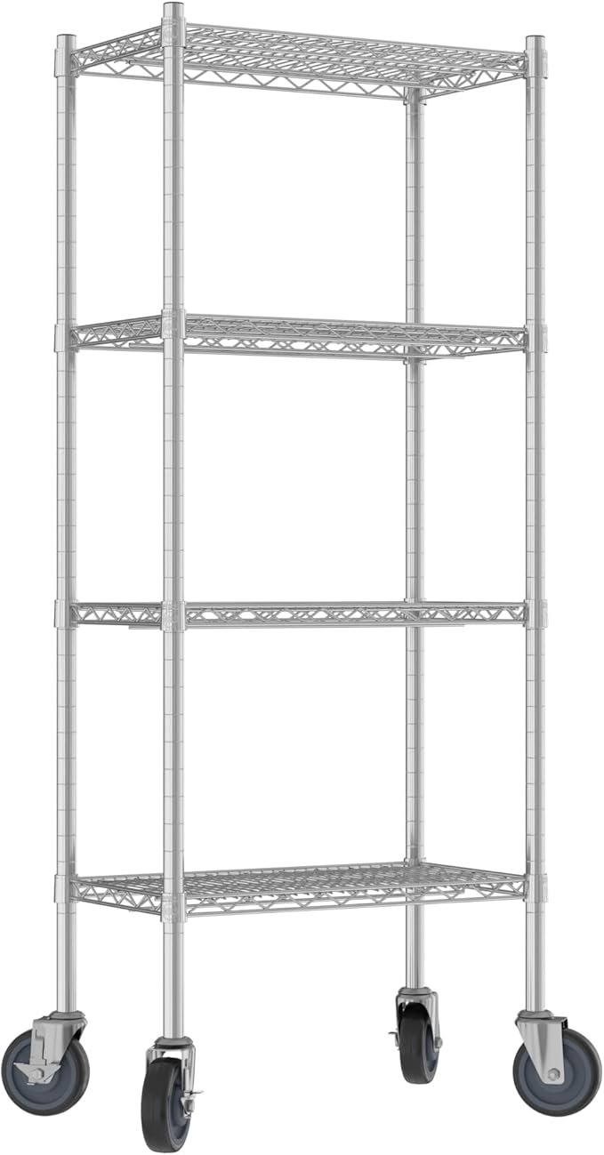 Commercial NSF Listed Chrome Mobile Wire Shelving Kit 14" x 24" x 60", with 4 Shelves Perfect for Warehouse, Walk-in Refrigerator, Freezer, Grocery Store, Restaurant, Dishroom
