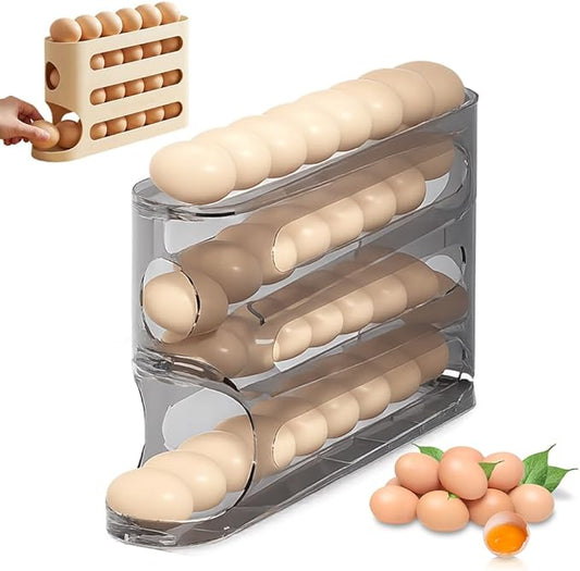 Egg Holder for Fridge, 2026 New Egg Organizer for Refrigerator, Space-Saving Auto Rolling Egg Dispenser, 4 Tiers Fridge Egg Rack for Refrigerator Storage Box Holds up to 30 PCS (Gray)