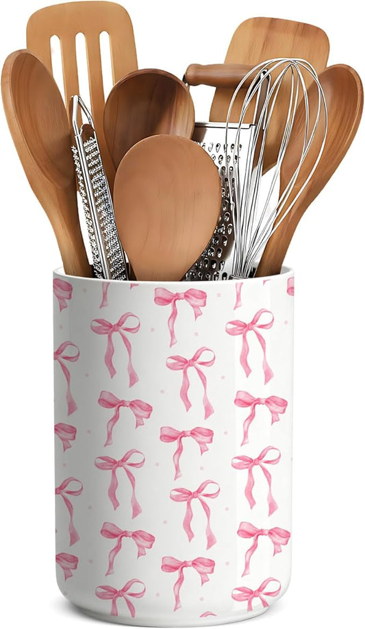 Pink Bow Ceramic Utensil Holder ,Countertop Ceramic Utensil Holder,Large Cooking Utensil Crocks for Kitchen Counter Decor, Vase for Kitchen Utensils, H6.3 xD4.7(Bow)