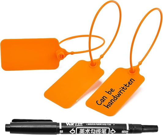 50pcs Luggage Tags Plastic Seals Shipping Label Logistics Sign Tie Bag Tag, Sealing Storage Multi Purpose Name ID Tag with Marker for Suitcases, Backpack, Schoolbag, Car Key (Orange)