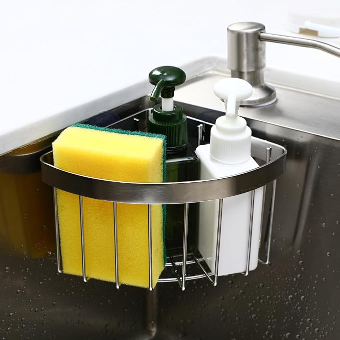 Housoutil Suction Sponge Holder, Movable 90°corner Sink Caddy Ith Strong Suction Cup, Stainless Steel Hollowed-out Caddy for Kitchen Bathroom